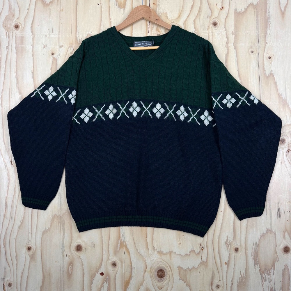 David Taylor 90's Vintage Sweater Mens M Green Blue V-Neck Argyle Cable Knit